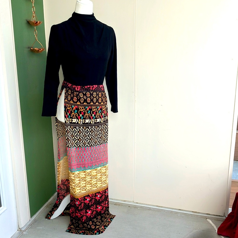 Vintage 60s 70s High Slit Geometric Print Dress